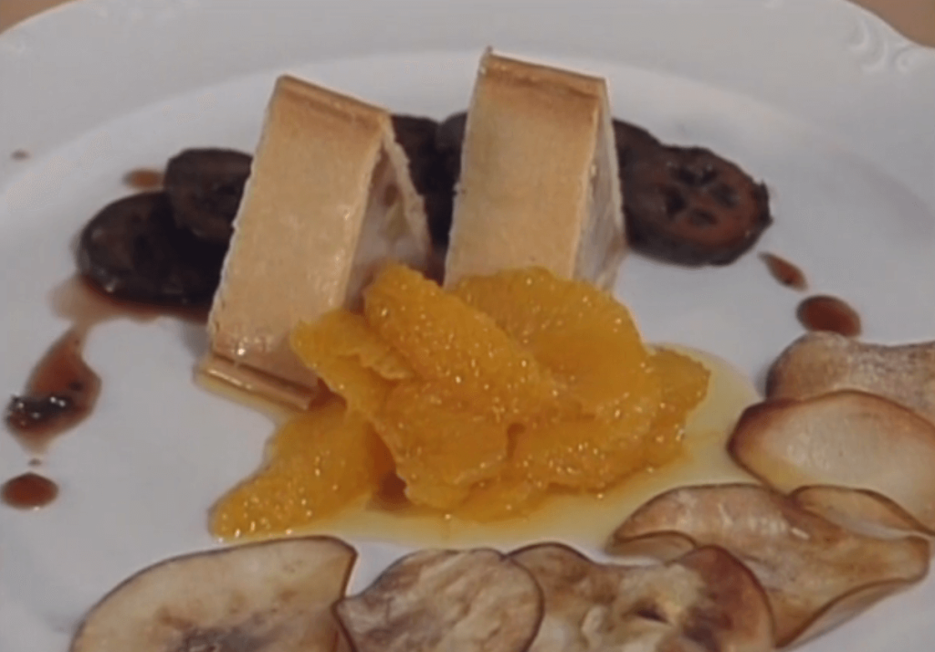 Poached Pear Terrine with Black Nuts and Orange Ragoût
