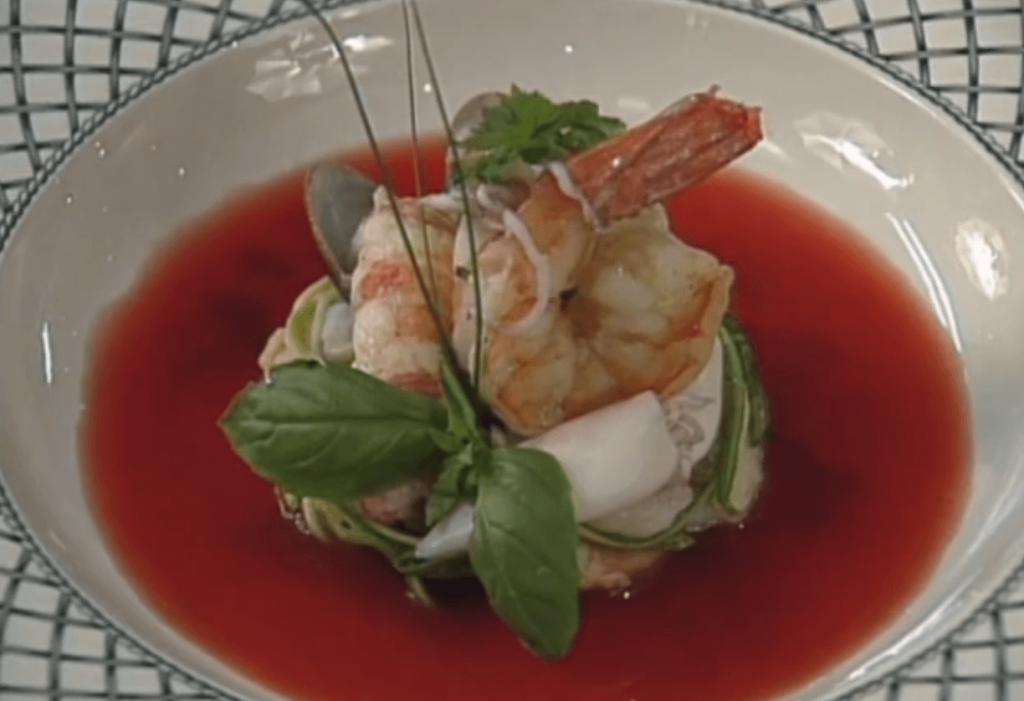 Velours de Tomate “Grappa” and Zucchini Spaghetti with Shellfish