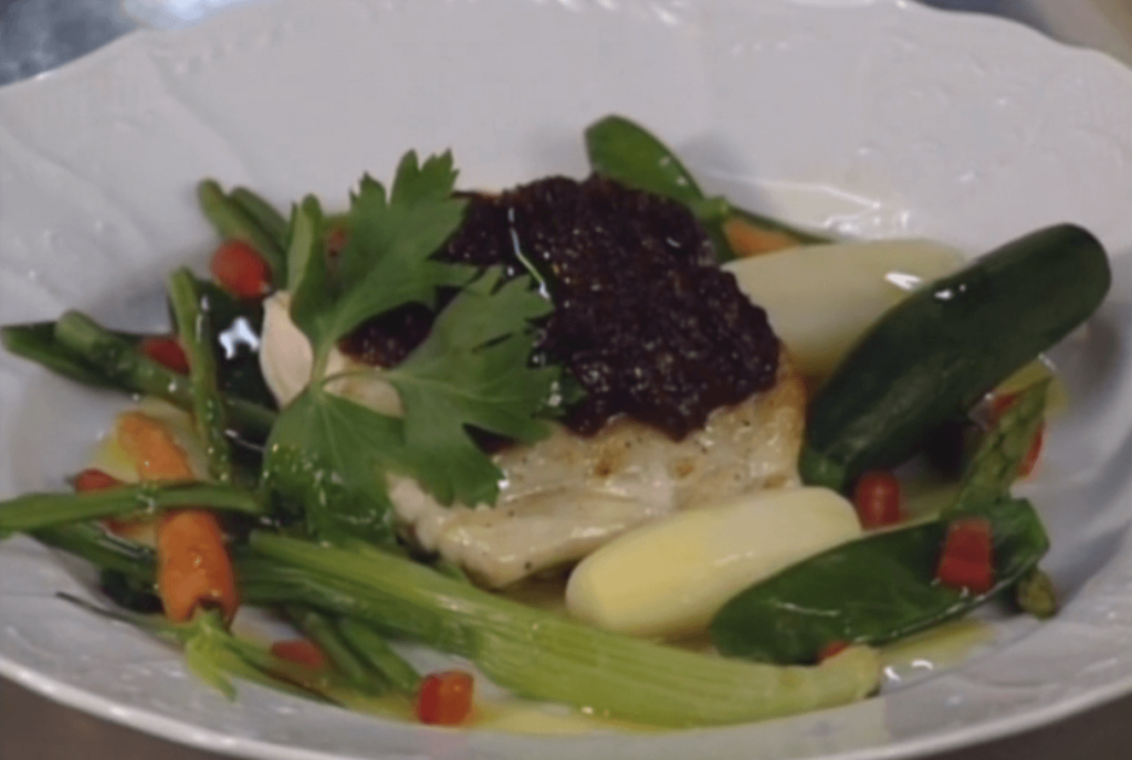 Sea Bass with Red Onion Mousse and Balsamic Vinegar