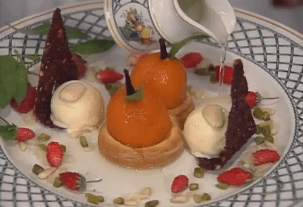 Polished Orange-Red Apricots on Brioche with Almond Milk Ice Cream