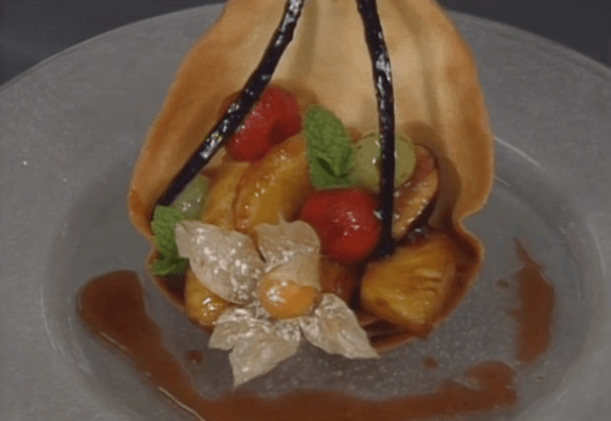 Fresh Autumn Fruits Roasted in Tahitian Vanilla with Crunchy Tulip Cups