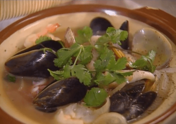 Clay Pot of Fish and Shellfish with Rice Noodles and Thai  Broth