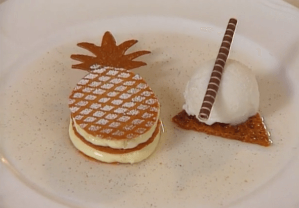 Pineapple Napoleon with Coconut Sherbet and Tahitian Vanilla Sauce