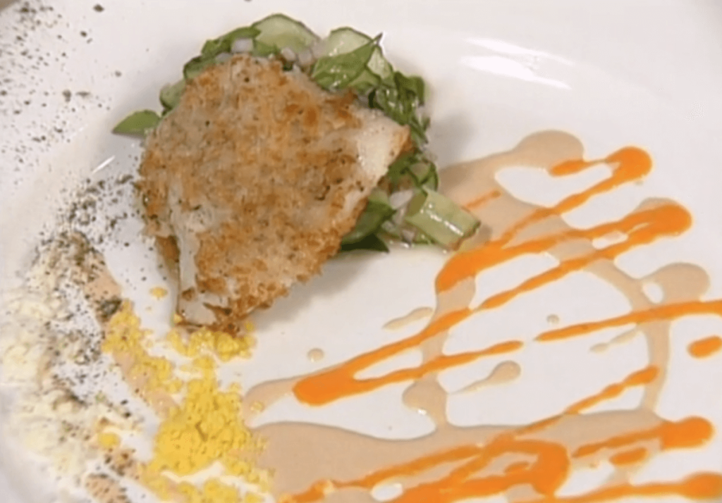 Crispy Walleye with Ginger-pickled Cucumber Ribbons and Smoked  Garlic Cream