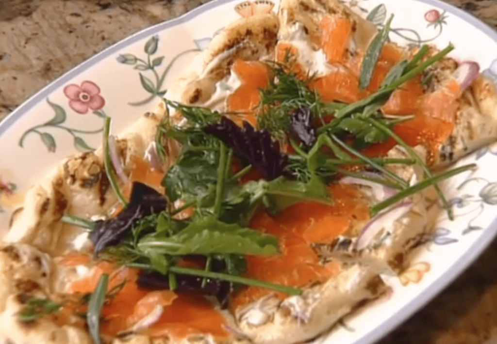 Grilled Onion Flatbread with Fennel-cured Salmon and Chive Creme  Fraiche