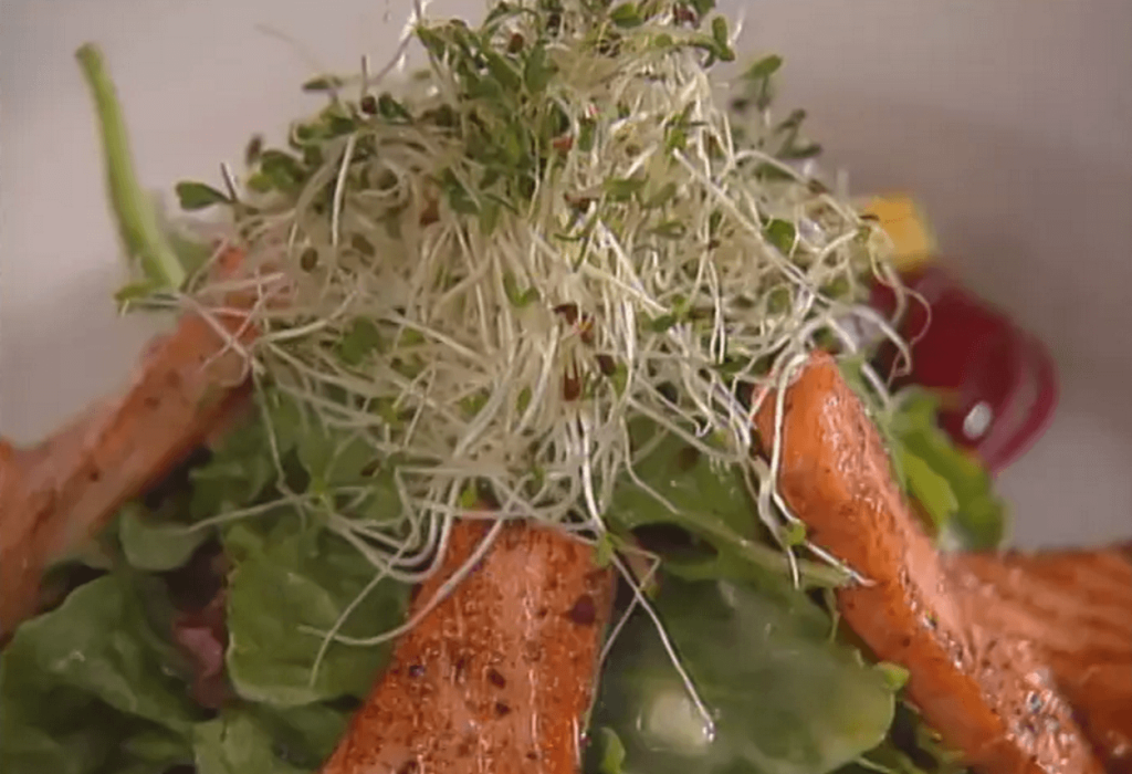 Seared Peppered Salmon, Field Greens, and Beet Relish