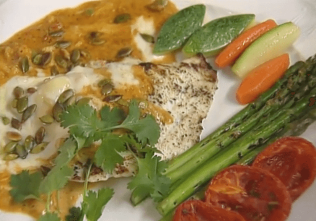 Redfish with Shrimp and Crab Roasted-Pepper Butter and Pumpkin Seeds