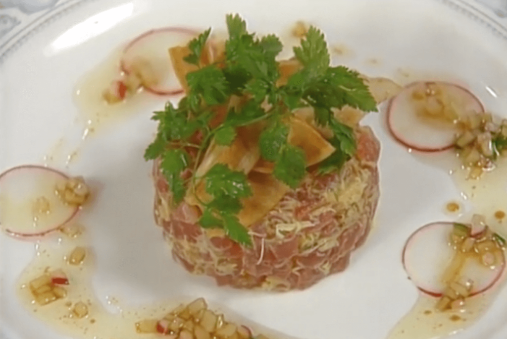 Curried Tuna Tartare with Crab, Crispy Salsify, Cucumber, and Radish  Oil﻿