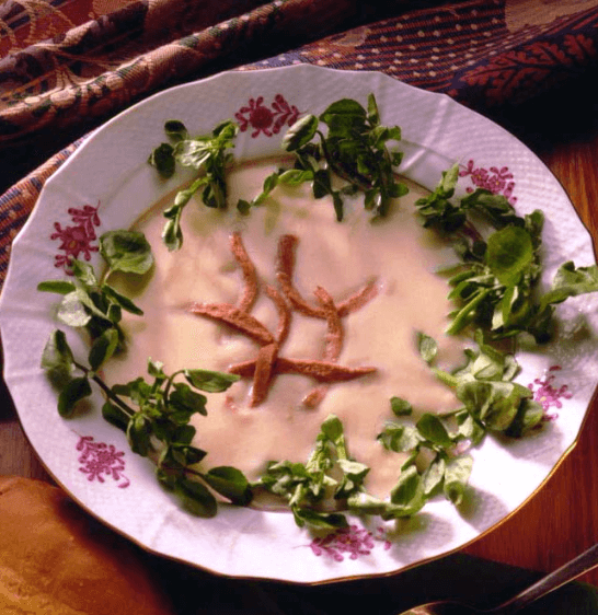 Potato, Leek, and Watercress Soup with Grilled Smoked Duck