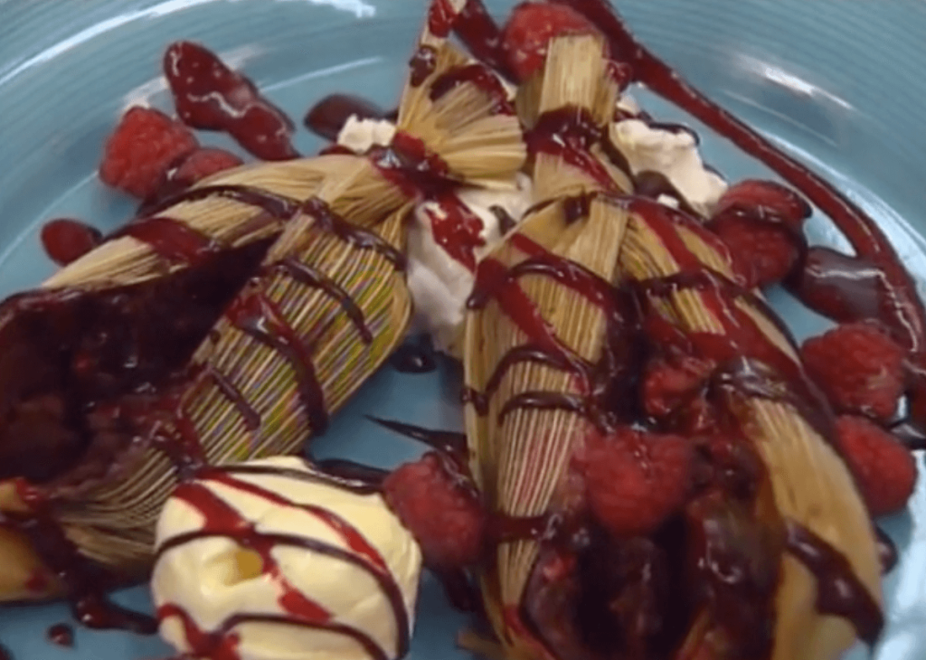 Chocolate-Raspberry Tamales with White Chocolate Ice Cream