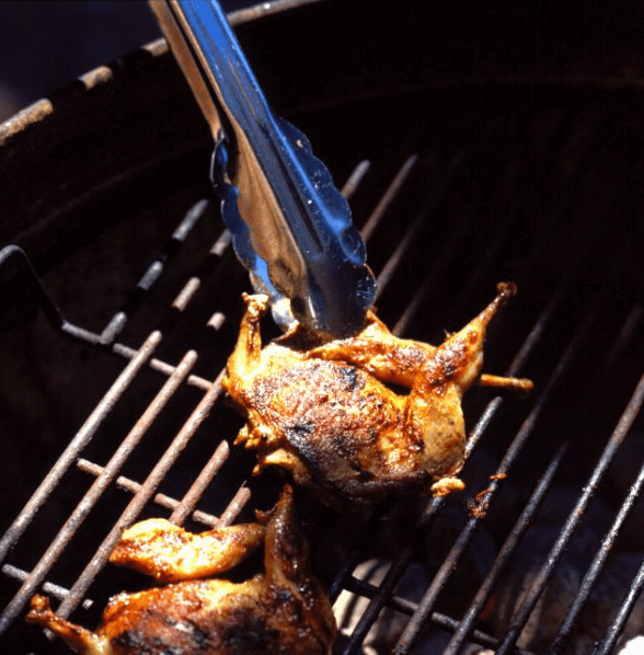 Grilled Quail with Shoestring Sweet Potatoes and Swiss Chard with Tomato