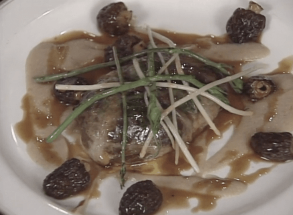 Crepinette of Turbot and Foie Gras on Salsify Mousselline with White Asparagus and Morel Jus