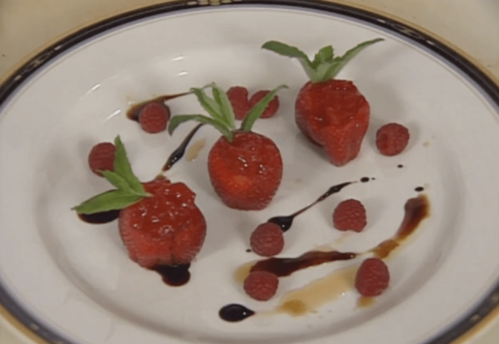 Stuffed Strawberries with a Tomato-Cinnamon Confiture and Balsamic Vinegar