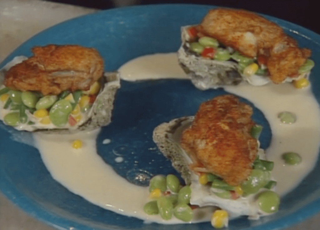 Barbecued Spiced Oysters on Creamy Succotash