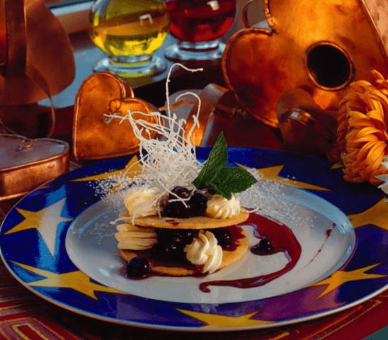 Mascarpone Cheese Cake with Lacy Nut Wafers and Blueberry Caramel - Great Chefs of the East