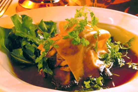 Roasted Red Pepper Ravioli with Braised Duck