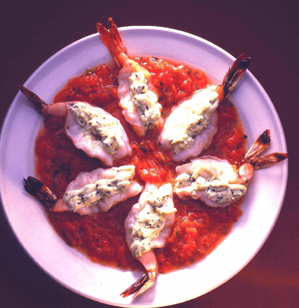 Prawns Stuffed with Goat Cheese on Tomato Coulis