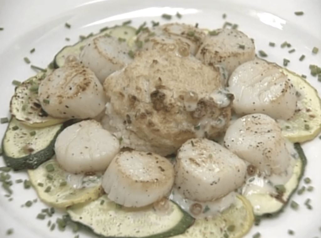 Pan-seared Scallops with Zucchini and Summer Squash, Cheddar Grits Soufflé, and Salmon Roe Butter Sauce