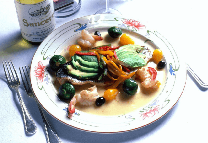 Striped Sea Bass with Shrimp, Avocado, and Peppers