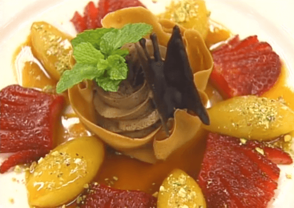 Caramelized Poached Pear with Chocolate Mousse in a Tulipe
