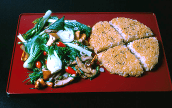 Pan-fried Noodle Pillow with Stir-fried Chinese Greens and Baby Garlic