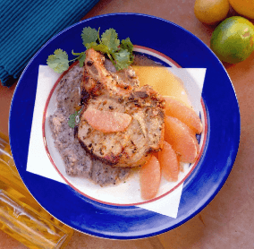 Grapefruit Pork Chops with Toasted Cumin and Black Bean Hummus