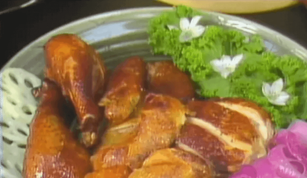 Tea and Cassia Bark-smoked Chicken with Hunan Red Onion Pickle Garnish & Ma-La Cucumber Fans