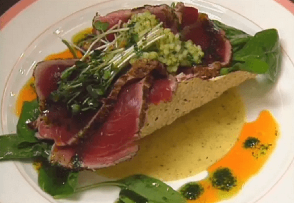 Aromatic Seared Tuna Taco with Cucumber Relish, Miso Vinaigrette, and Baby Spinach