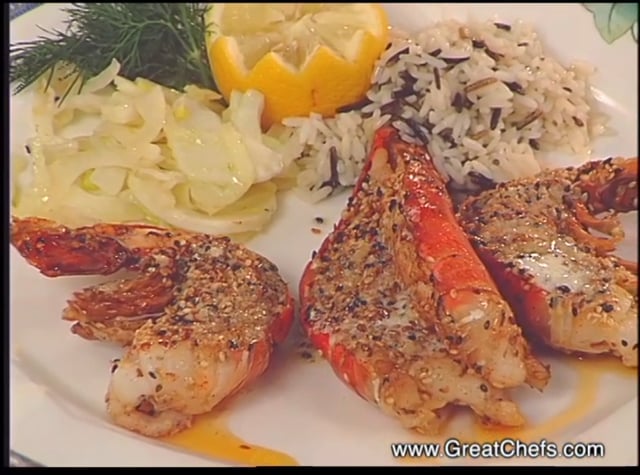 Sesame Prawns on Ginger butter with Wild rice Risotto and Fennel