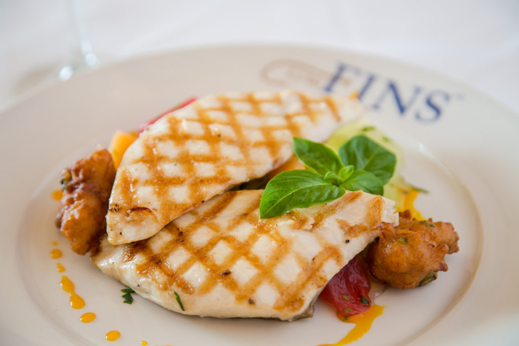 Charcoal Grilled Louisiana Pompano with Vietnamese-style Mirliton Slaw (goi thap cam) and Spicy Blue Crab Fritters, Pepper Jelly and Citrus Chili Oil